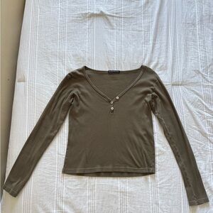 Brandy Melville Khaki Long Sleeve V-Neck Top
